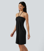 Robe mini de plage à col halter avec brassière intégrée, lien noué au dos et poches