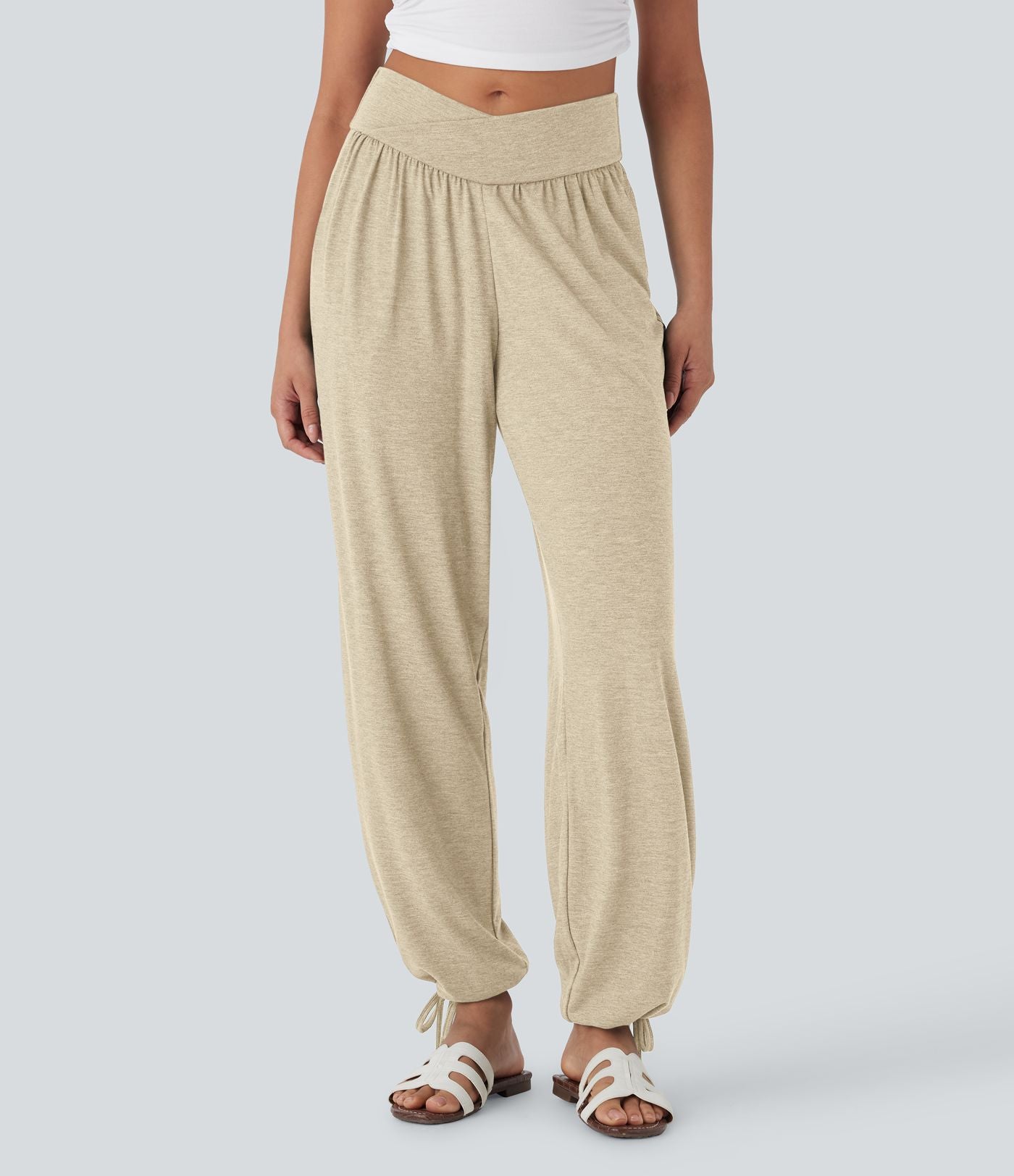 Pantalon de jogging décontracté à taille haute croisée avec poches latérales et cordon de serrage
