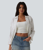 Chemise casual à rayures aspect lin col V manches longues retroussables et ourlet arrondi