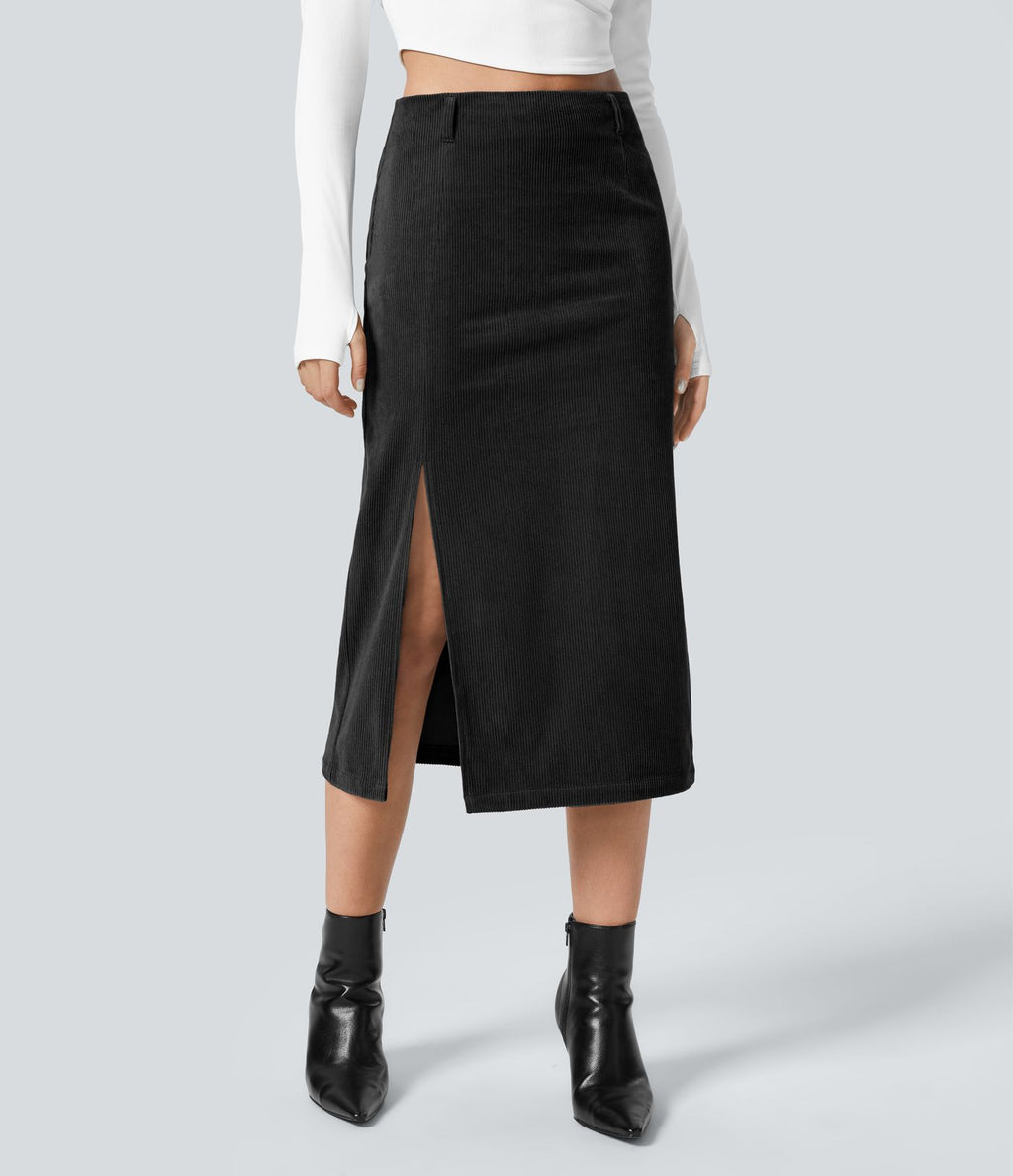 Jupe Casual en Velours Côtelé Mi-longue Taille Haute Fermeture Éclair Invisible et Fente fendue