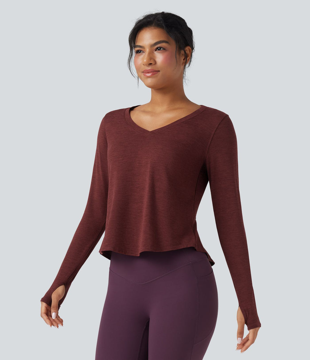 Top de sport yoga chiné col V manches longues avec trous pouces ourlet arrondi