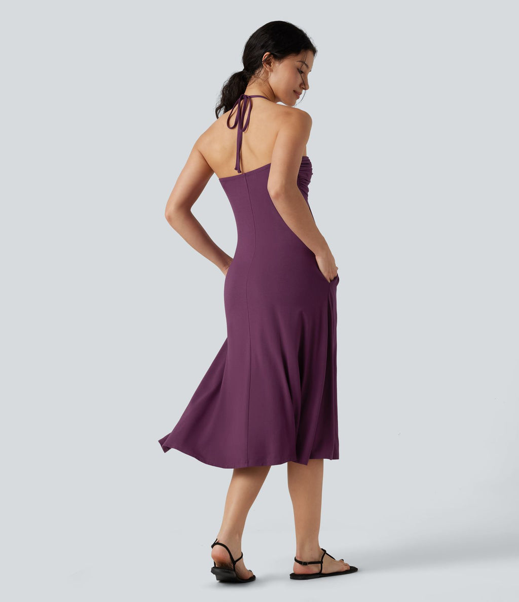 Robe midi trapèze dos-nu à nouer, à poches
