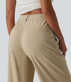 Pantalon taille haute casual en lin stretch coupe droite avec poches