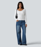 Haut casual en maille côtelée à manches longues, col rond échancré, dos en U, dentelle contrastée et soutien-gorge intégré
