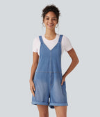 Salopette en jean Halara Flex™ col V délavée décontractée à ourlet roulotté avec poches