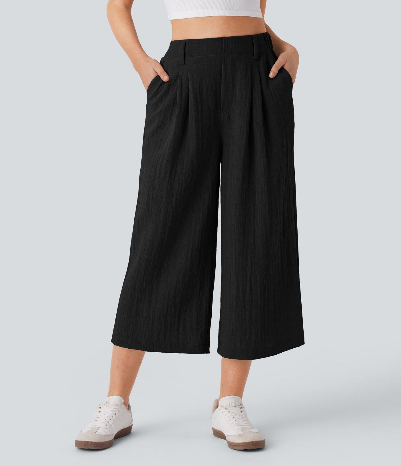 Pantalon décontracté palazzo capri uni effet lin, taille haute, large, avec poches