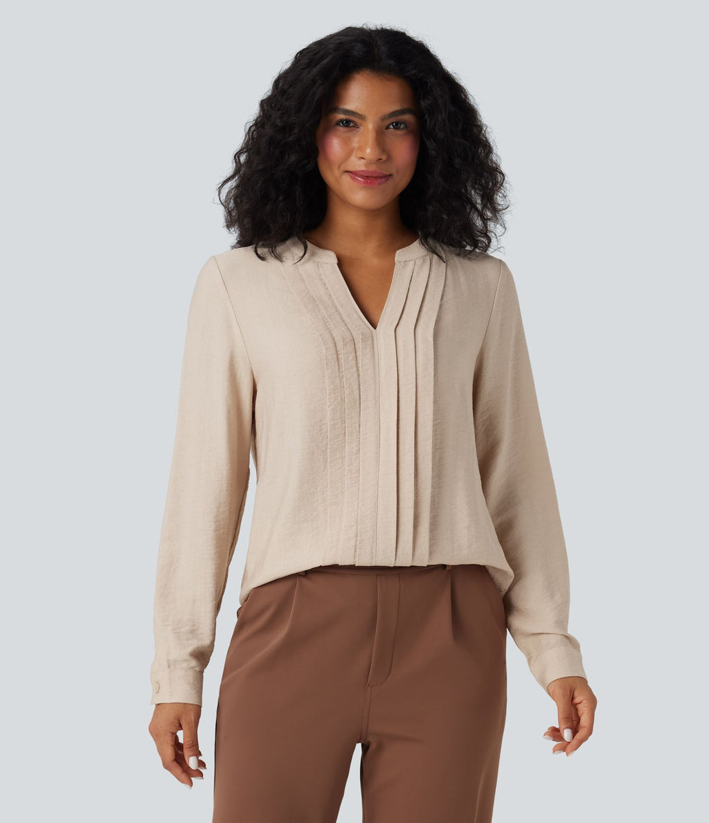 Blouse de travail manches longues col V à plis coupe décontractée