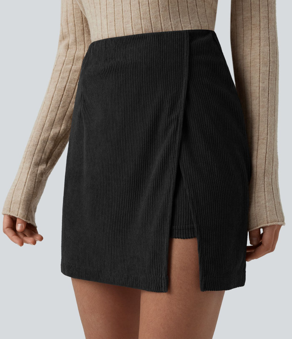 Jupe-short décontractée taille haute en velours côtelé avec zip arrière et fentes - Longueur plus longue