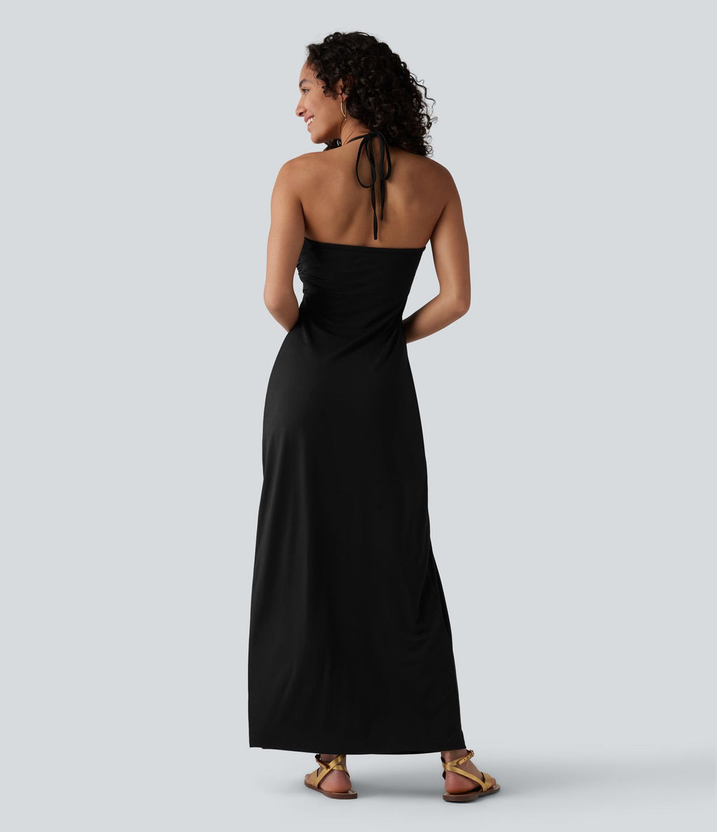 Robe longue dos nu à nouer avec soutien-gorge intégré et poches