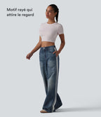 Jean de survêtement décontracté à rayures en tissu éponge français imprimé denim taille mi-haute avec poches