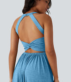 Robe longue fluide fendue avec poches latérales, dos nu et effet torsadé