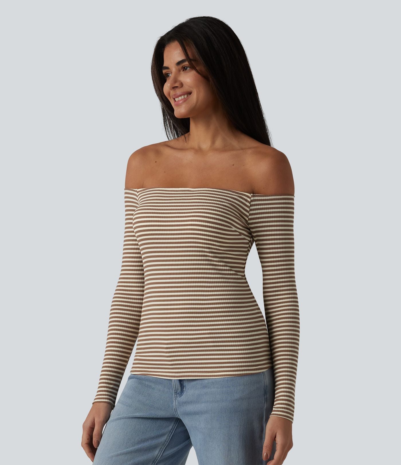 T-shirt casual rayé en maille côtelée à épaules dénudées, manches longues et soutien-gorge intégré