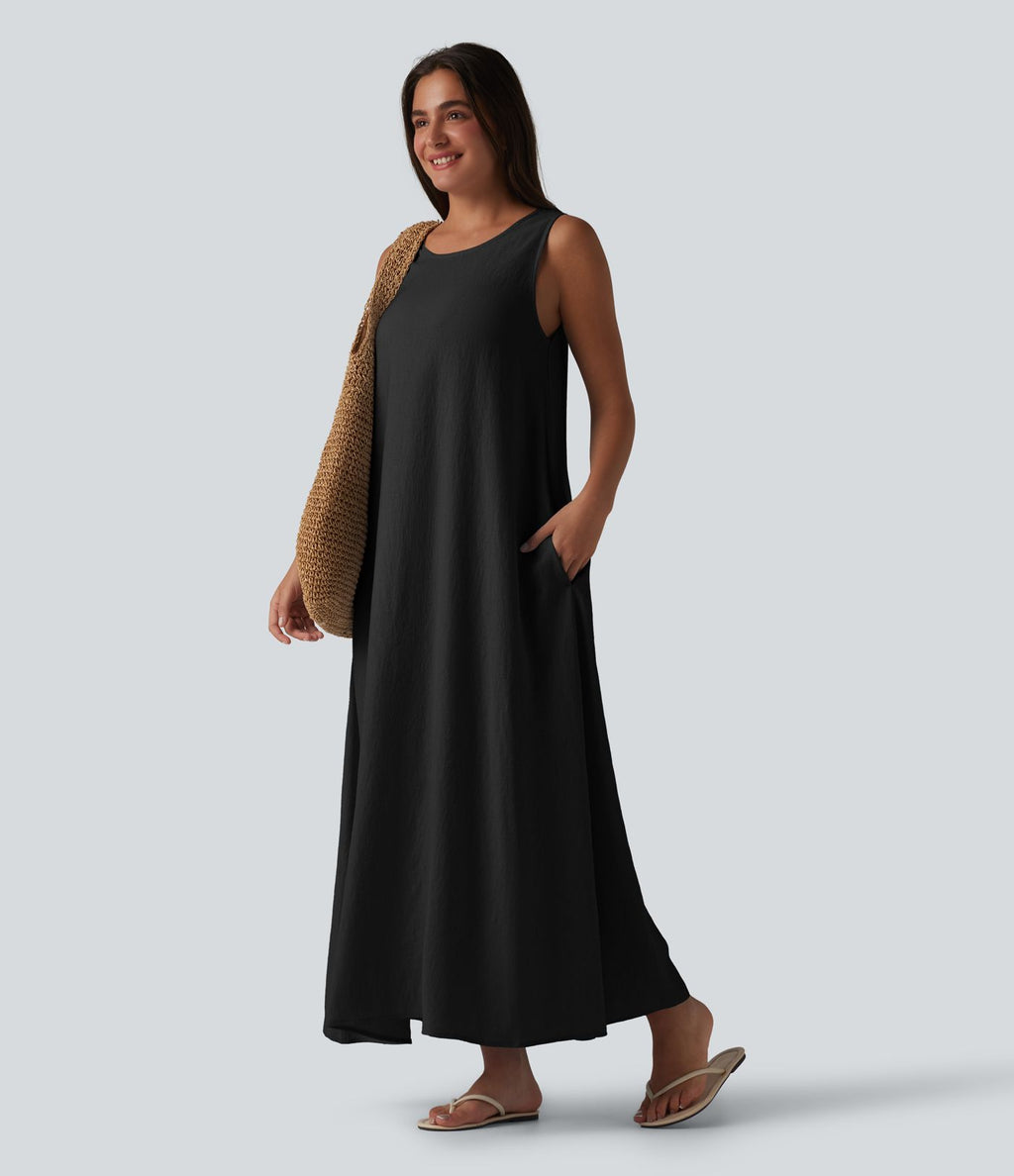 Robe débardeur midi unie sans manches à col rond et poches