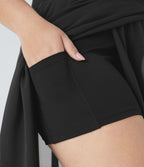 Jupe Taille Haute 2 En 1 En Maille Contrastée Avec Cordon De Serrage Et Poche Latérale Fluide Evasée Casual Grande Taille