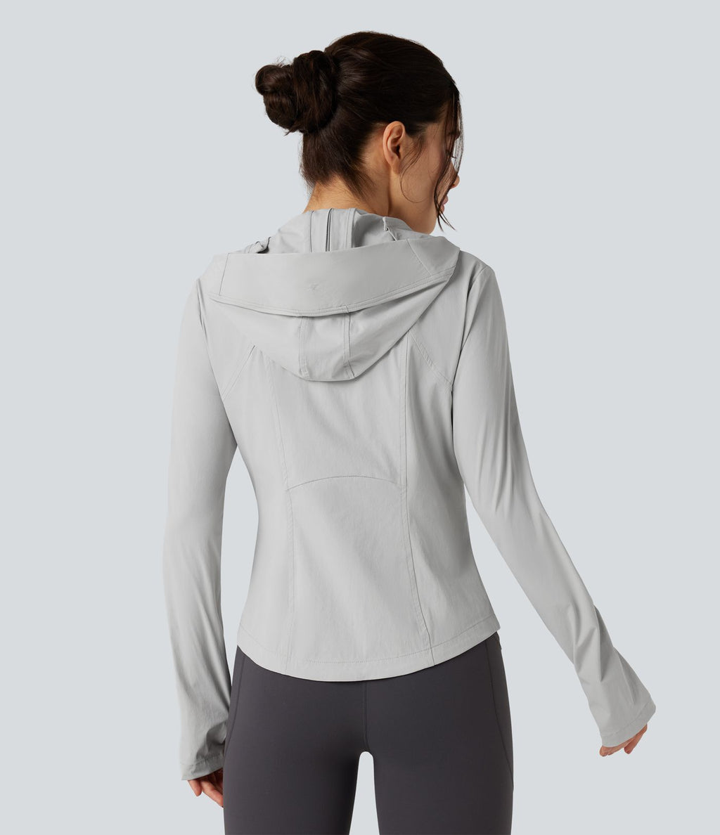 Veste de randonnée à capuche, manches longues, passants pouces et zip avec poches - UPF40+