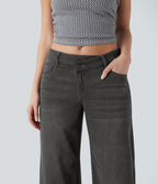 Halara Flex™ Jean large asymétrique taille basse avec bouton, fermeture éclair et poches multiples, délavé et extensible en maille