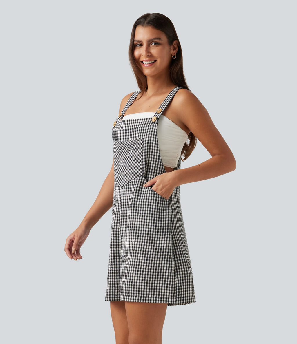 Salopette-short casual effet lin à carreaux avec poches