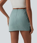 Jupe mini moulante casual 2-en-1 aspect lin taille haute avec fermeture éclair invisible, drapé froncé et ourlet croisé