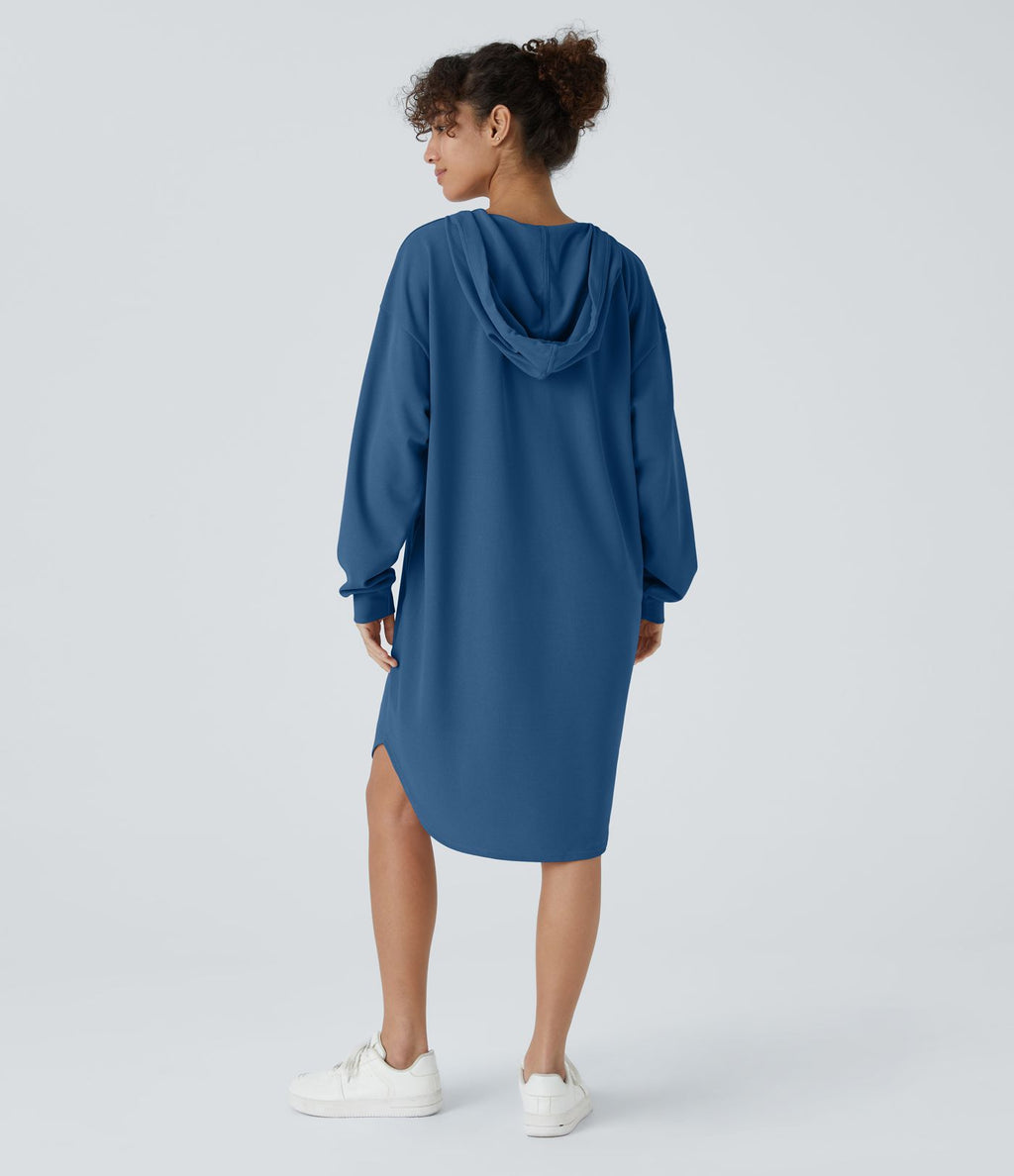Robe Sweatshirt Casual à Capuche avec Cordon Poches Latérales Ourlet Courbé Asymétrique Oversize Mini en Tissu Gaufré