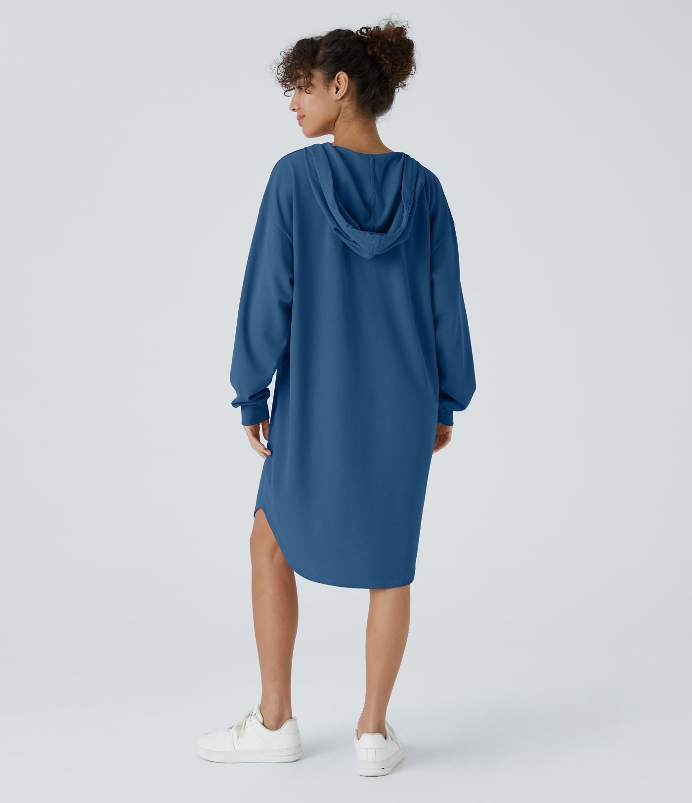 Robe Sweatshirt Casual à Capuche avec Cordon Poches Latérales Ourlet Courbé Asymétrique Oversize Mini en Tissu Gaufré