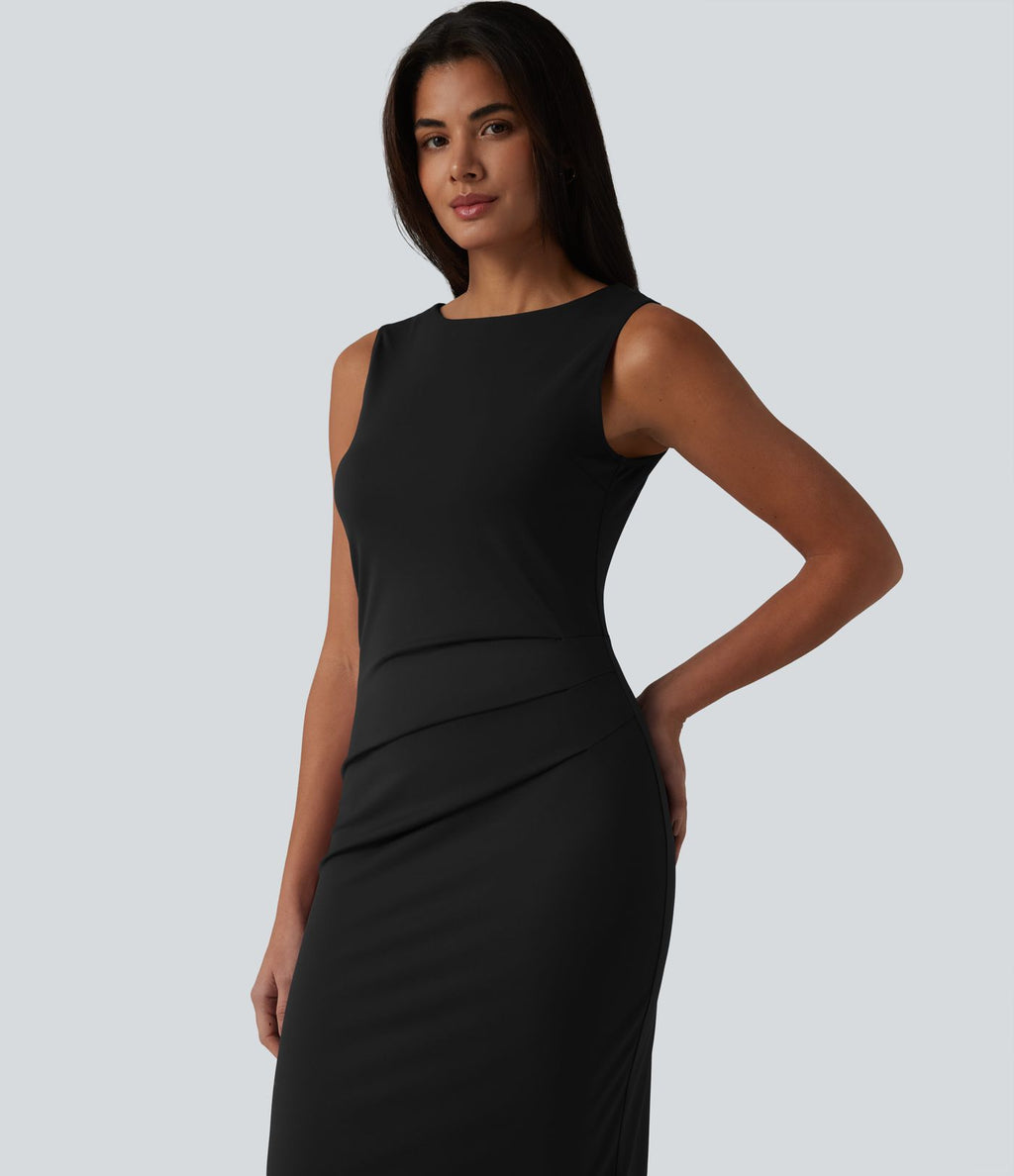 Robe fourreau midi sans manches col bateau pour le bureau