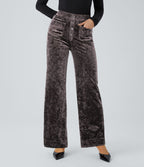 Pantalon Casual en Velours Taille Haute avec Bouton Multipoches Droites