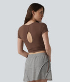 Halara T-shirt décontracté en jersey de coton à col rond, cordon de serrage, dos froncé et ouverture goutte