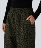 Pantalon léopard velours côtelé imprimé coupe droite mop taille haute avec poches