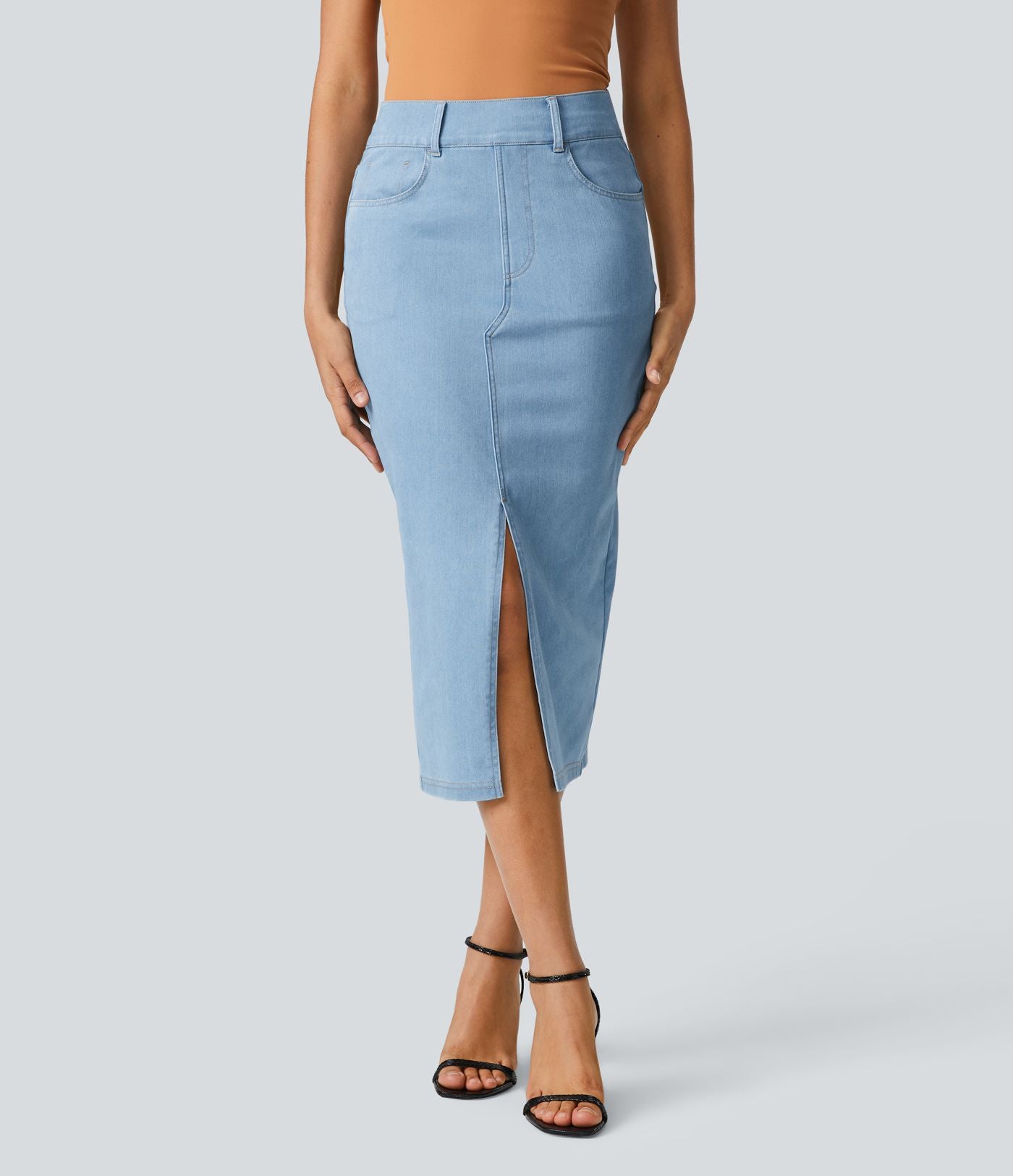 Halara Flex™ Jupe en Jean Midi Casual Tricot Extensible Taille Haute Poches Multiples