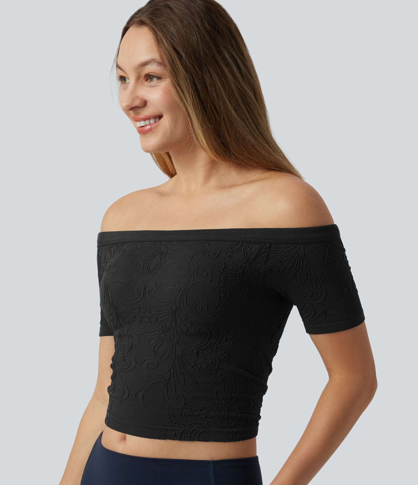 OneForm Seamless Flow Haut de sport de yoga raccourci sans couture épaules dénudées à manches courtes, avec soutien-gorge intégré