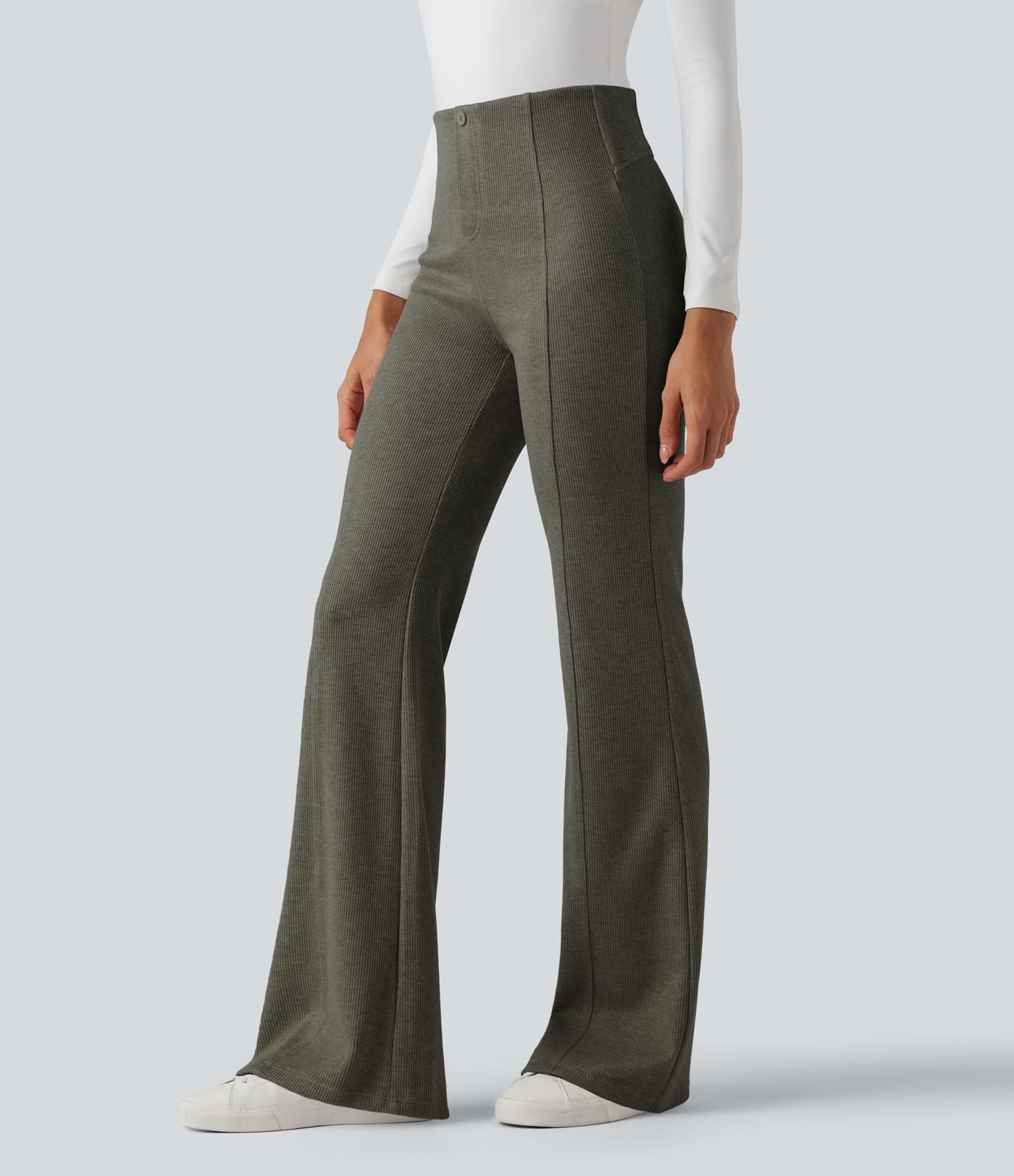 Pantalon  taille haute décontracté évasé côtelé gainant