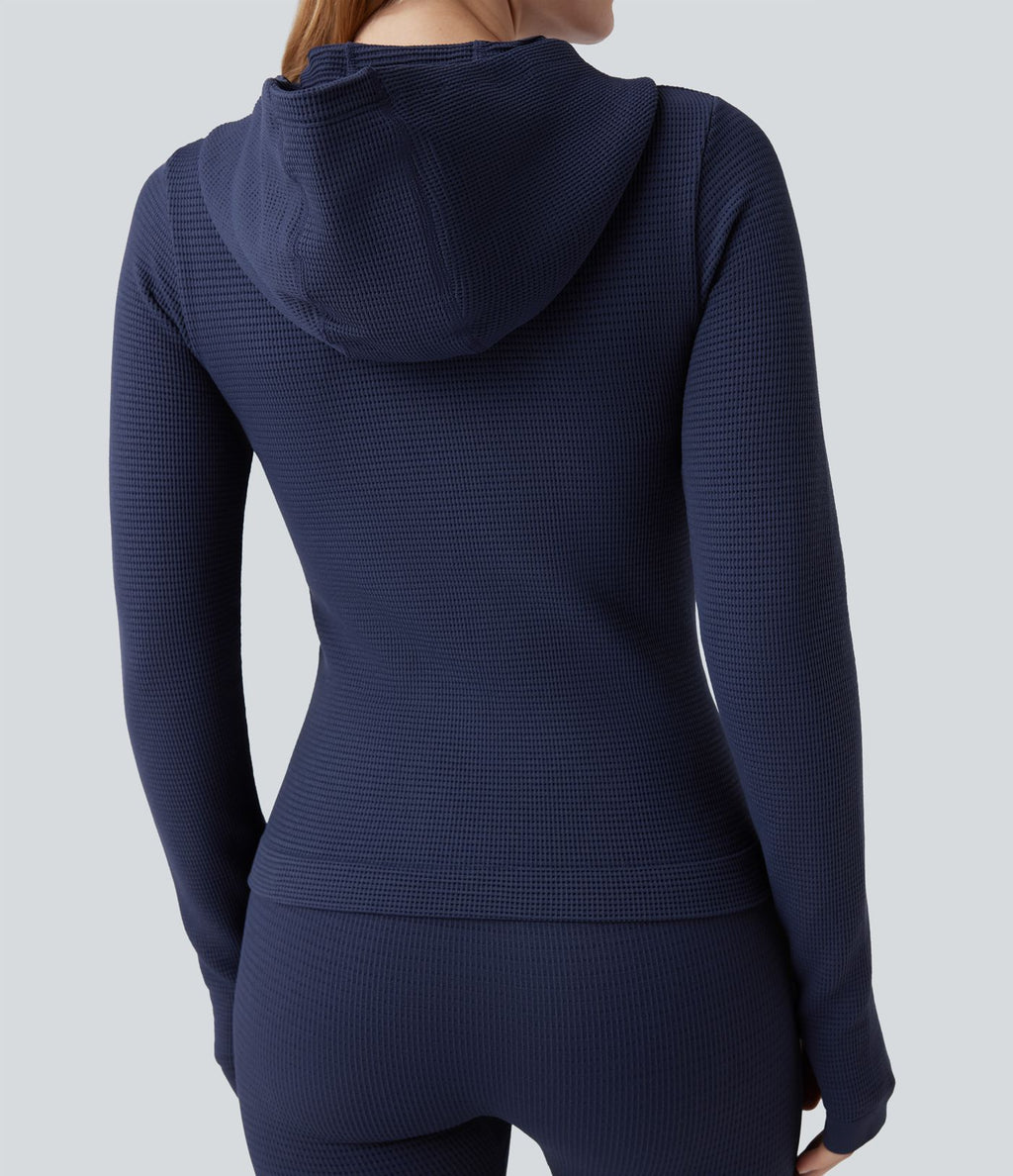 Veste yoga en maille gaufrée à capuche zippée à manches longues avec passants pouces sans couture OneForm Seamless Flow avec poches