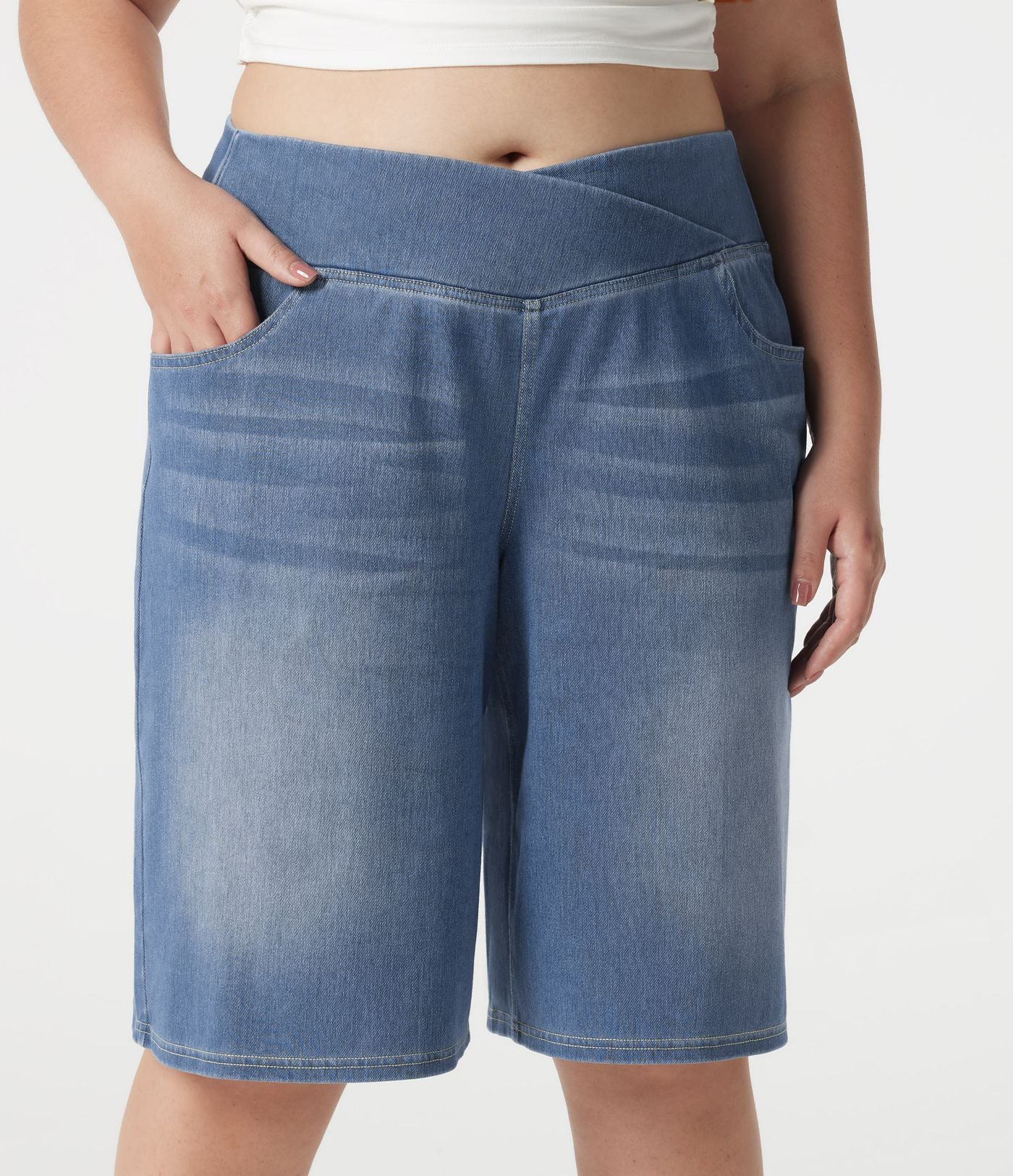 Short en jean Halara Flex™ ample décontracté grande taille ventre plat, taille haute, croisé, à poches