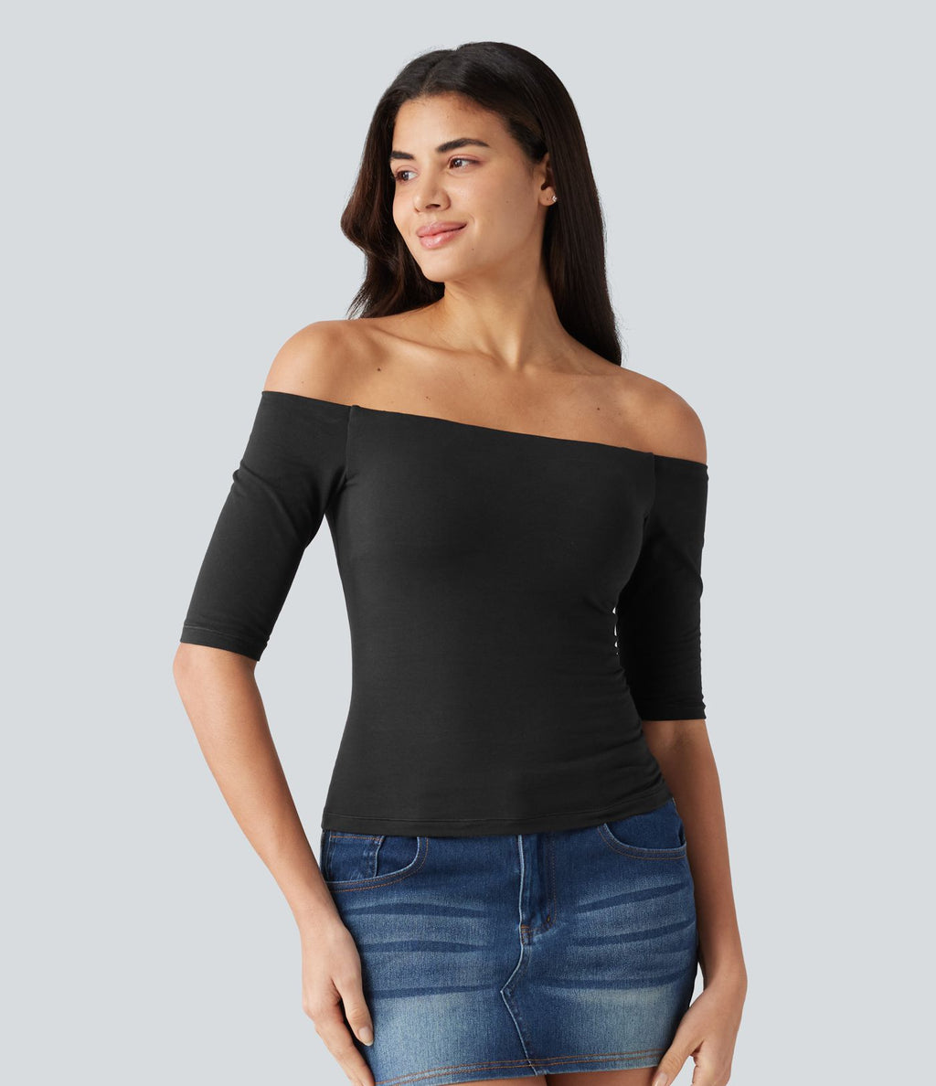 T-shirt décontracté Halara Cotton Jersey épaules dénudées à manches mi-longues, bretelles amovibles et coussinets amovibles, bonnets B à E