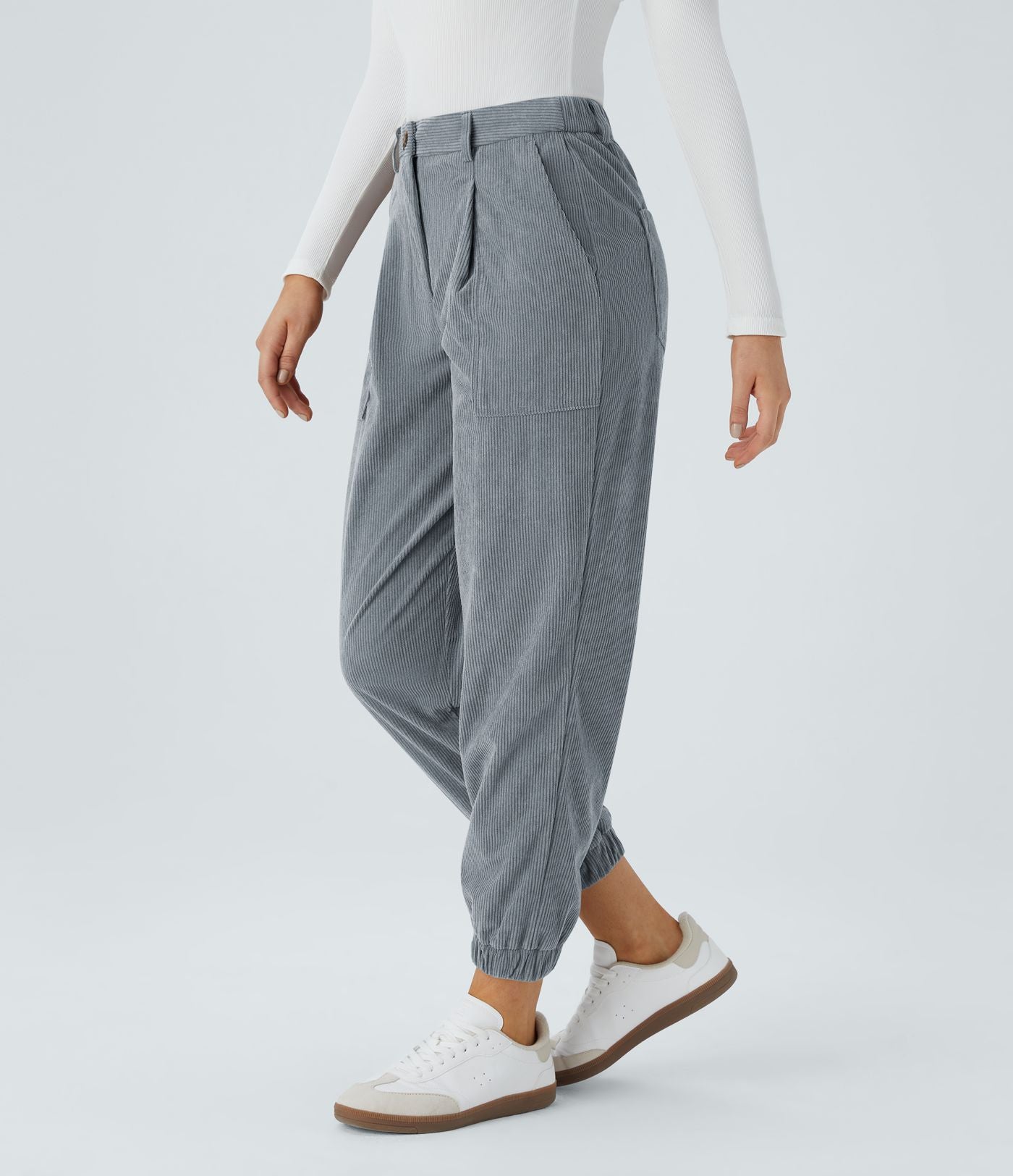 Pantalon décontracté en velours côtelé avec taille mi-haute, boutons et fermeture éclair