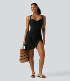 Robe de bain 2-en-1 push-up gainante à encolure Queen Anne avec bretelles ajustables, design torsadé, fronces, ourlet fendu, brassière intégrée et poches