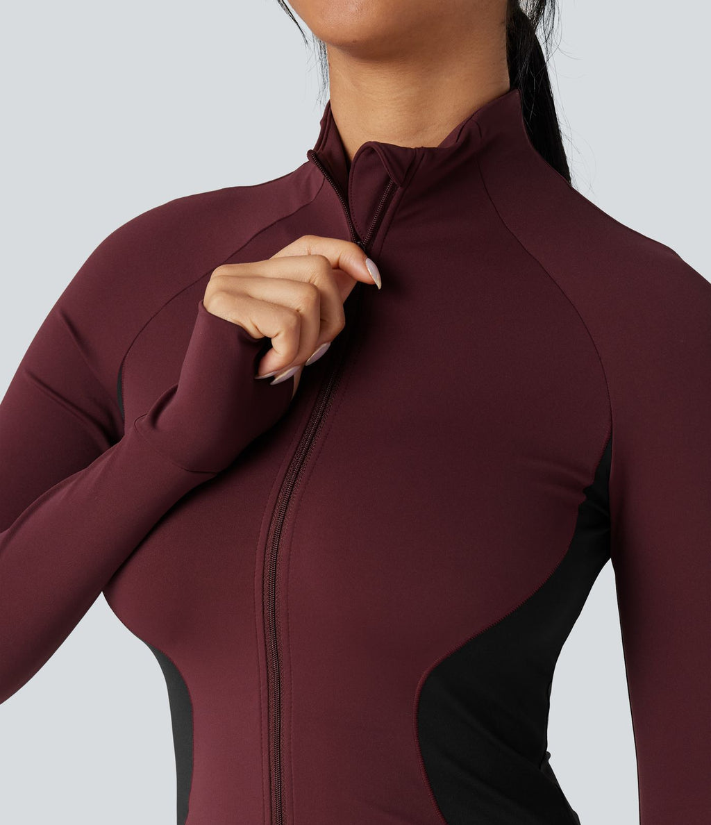 Veste yoga SoftlyZero™ Airy col montant manches longues passe-pouces color block effet frais InstantCool, protection solaire UPF50+