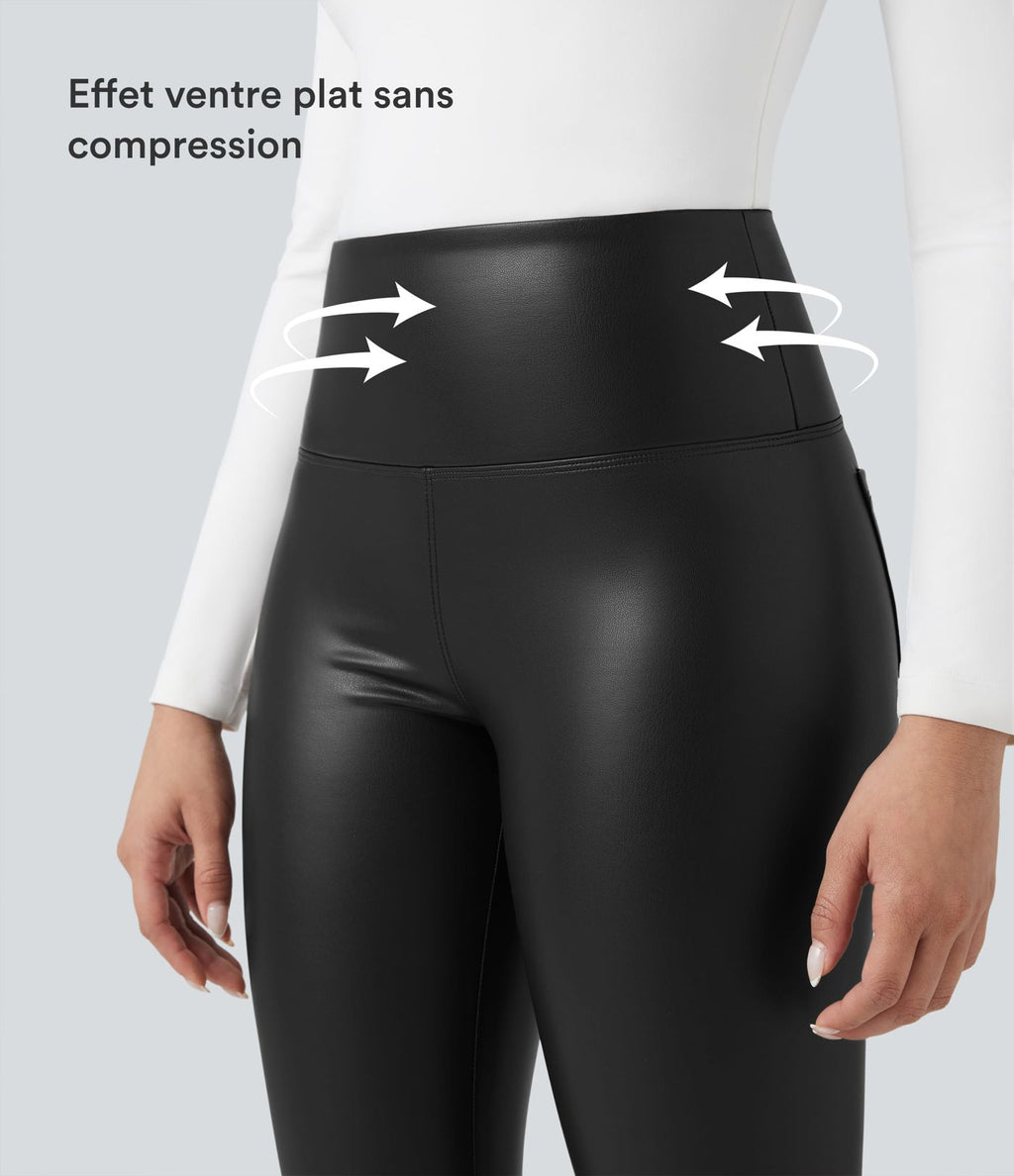 Pantalon 7/8 moulant décontracté polaire gainant taille haute extensible effet cuir avec poches