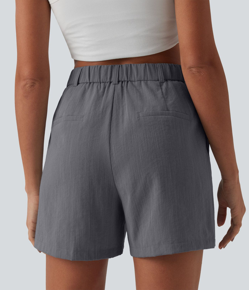 Short tailleur casual aspect lin à plis taille haute 12,5 cm avec poches