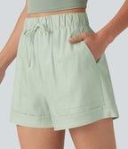 Short ample décontracté taille haute en coton et lin, cordon de serrage, ourlet retroussé et poches