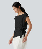 Blouse casual col bateau en mélange de lin à [manches cap] nouée sur le côté