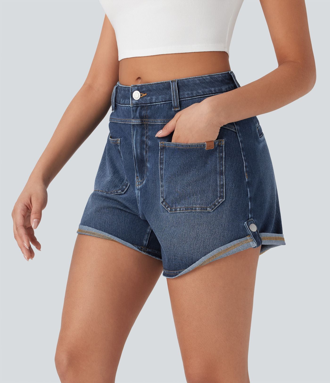 Short décontracté en jean extensible délavé Halara Flex™ taille moyenne avec revers et poches avant