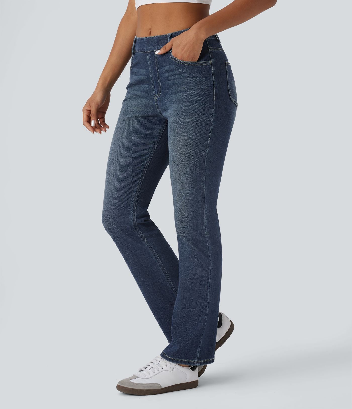Halara Flex™ Jeans bootcut Casual Taille Haute Multiples Poches Lavés Élastiques et Tricotés Coupe