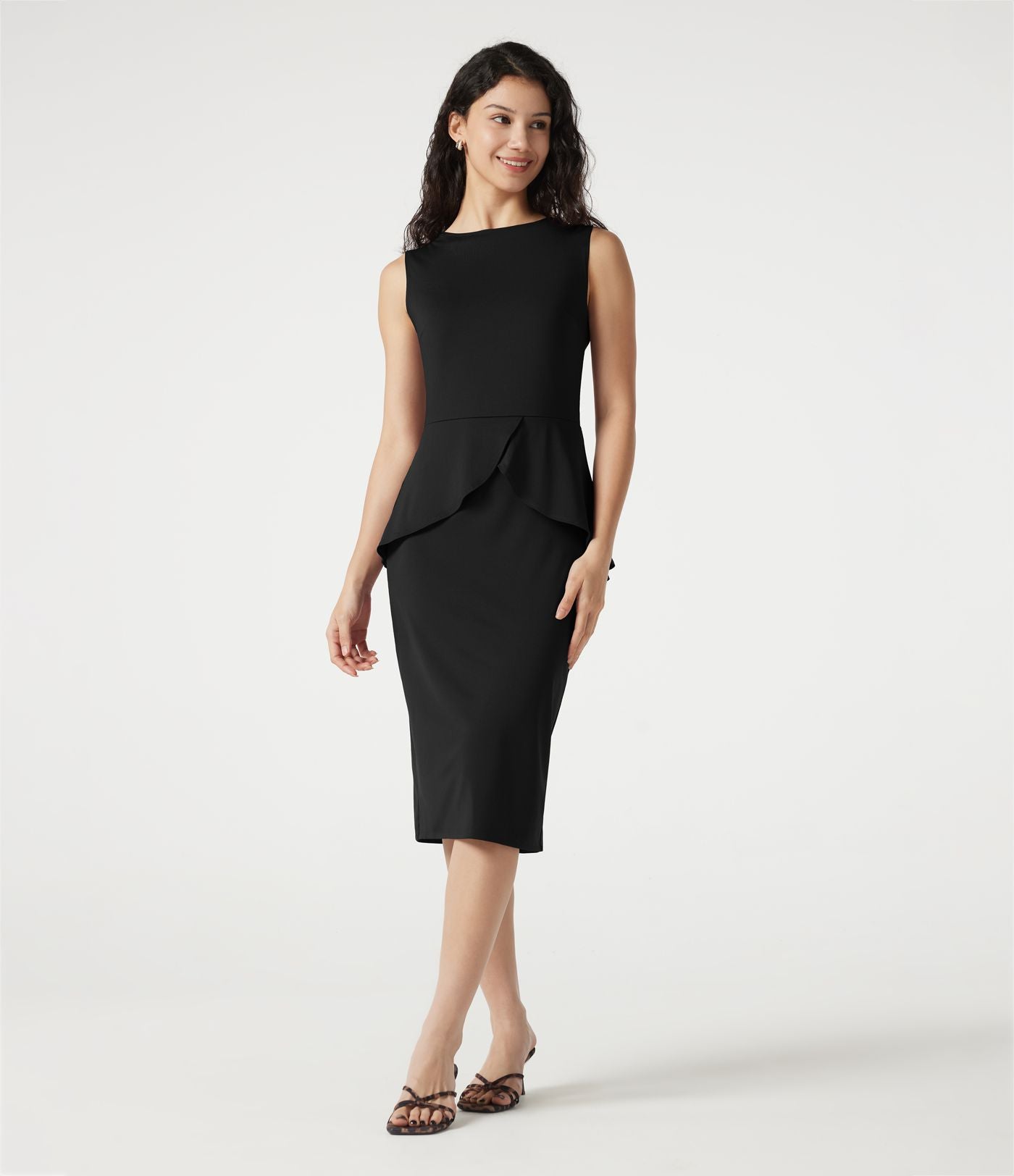 Robe tailleur midi sans manches col rond