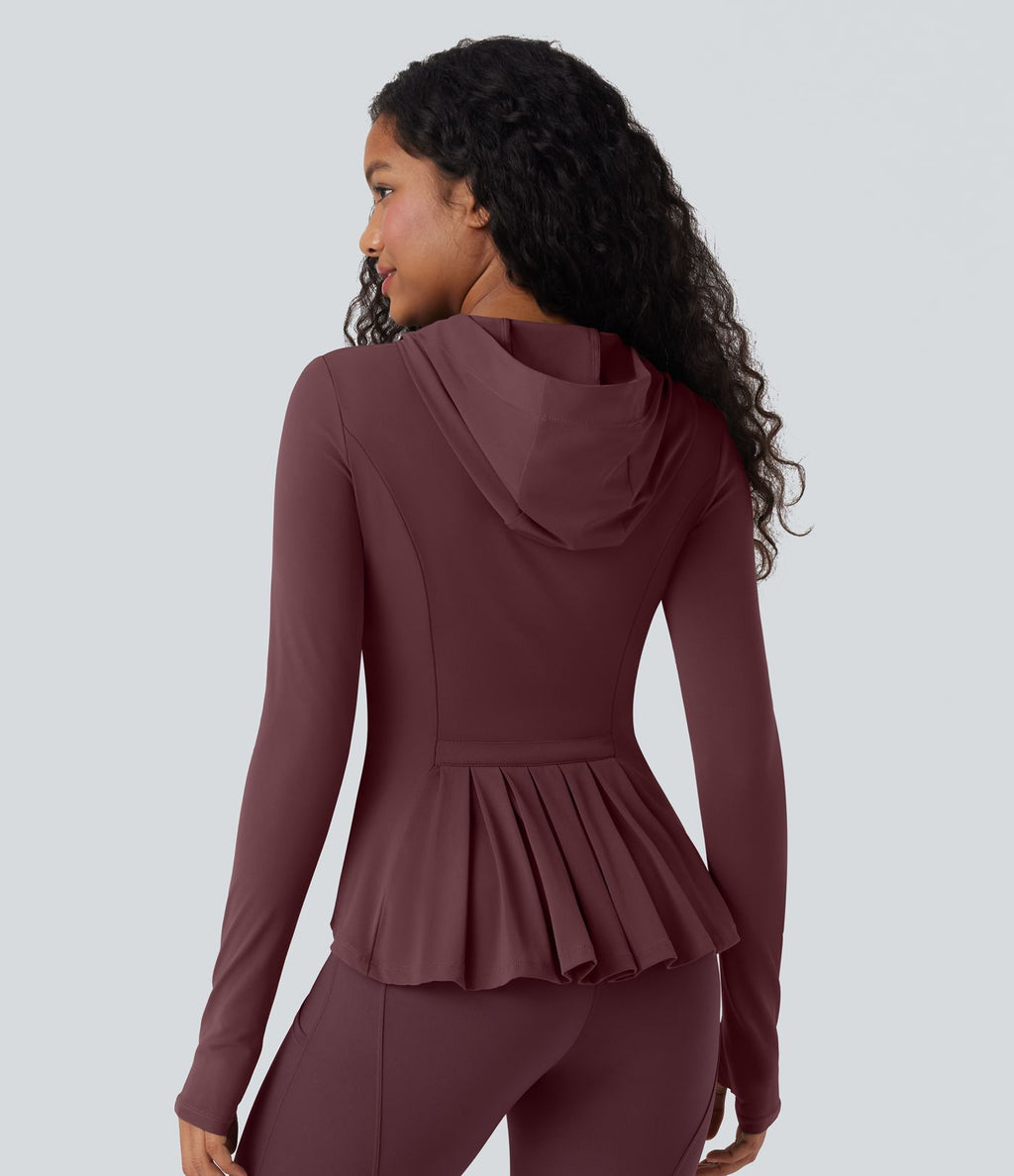 Veste SoftlyZero™ à capuche manches longues avec trous pouces détails plissés et poches-UPF50+