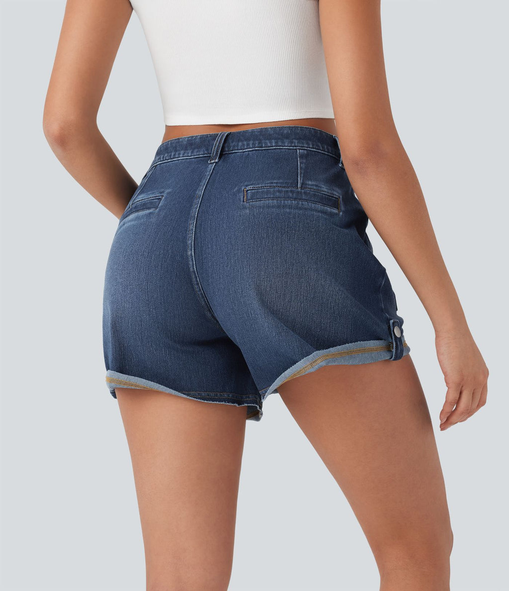 Short décontracté en jean extensible délavé Halara Flex™ taille moyenne avec revers et poches avant