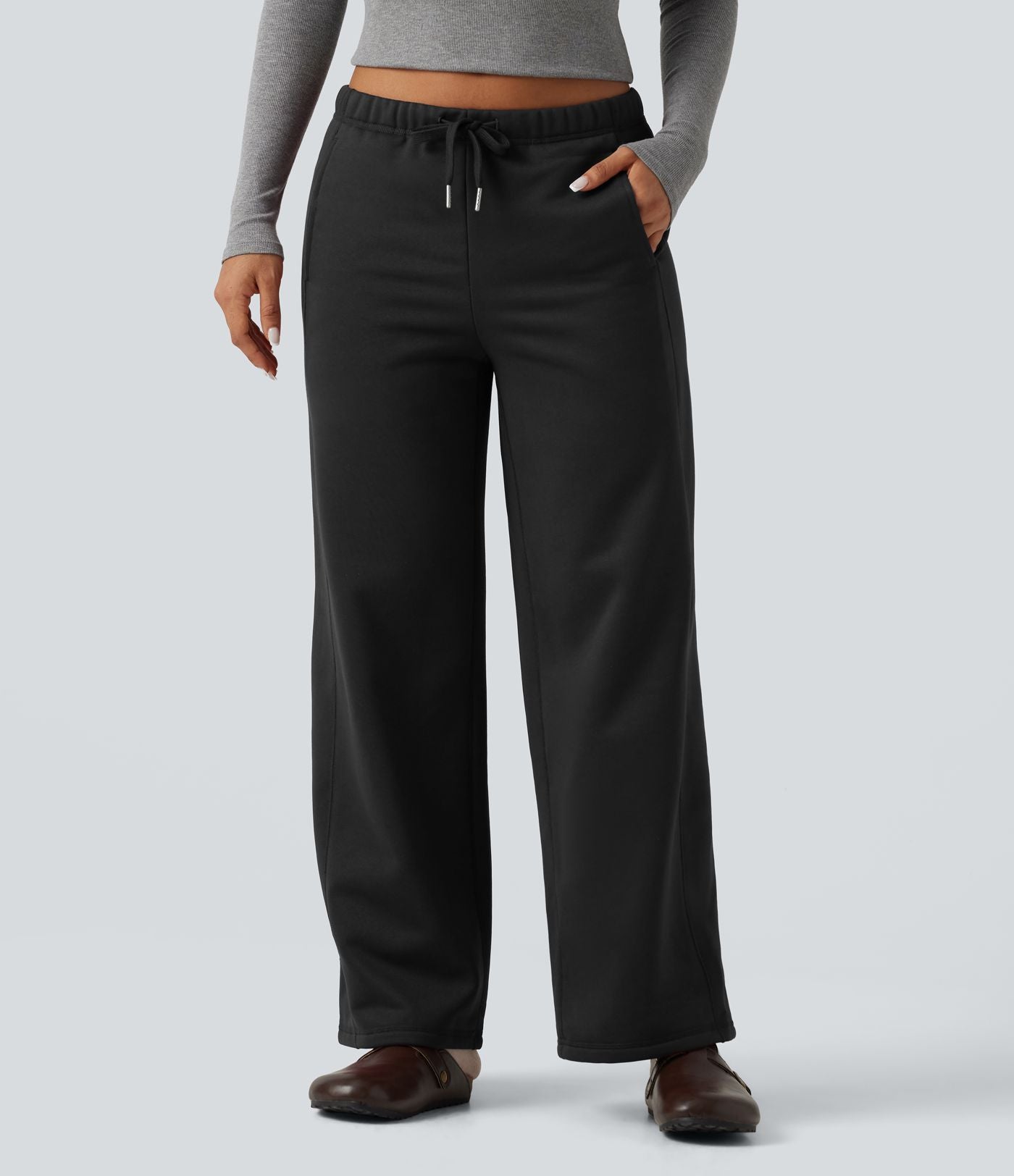 Pantalon de sport coupe droite en polaire, taille basse, cordon de serrage, à poches