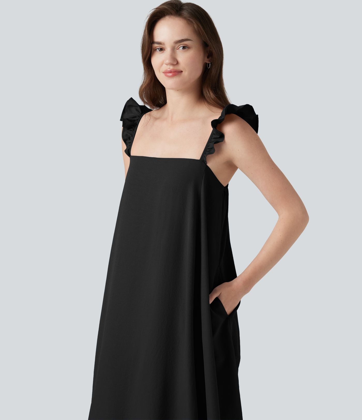 Robe casual fluide midi sans manches col carré avec bordure à volants et poches