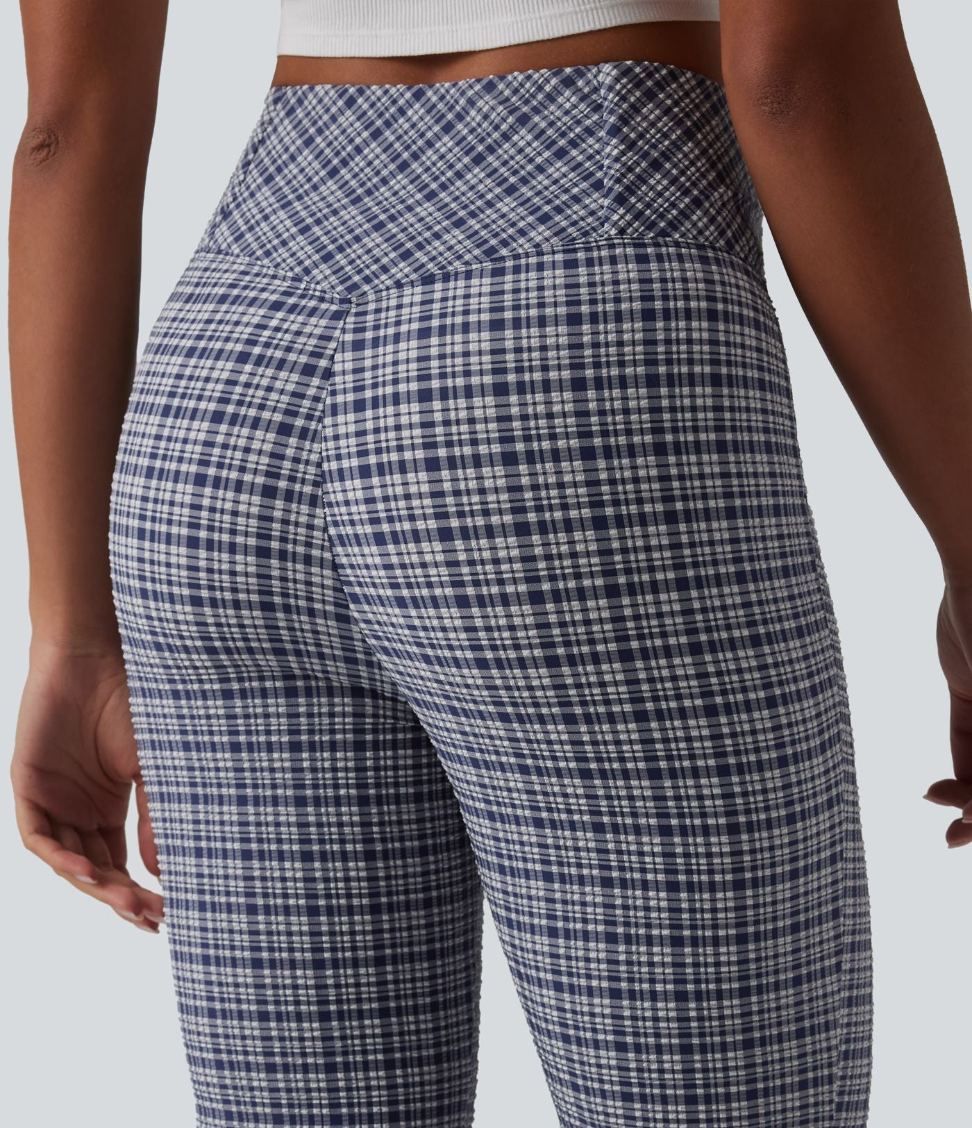 Pantalon évasé taille haute croisée ventre plat à carreaux en tissu froissé séchage rapide avec poches