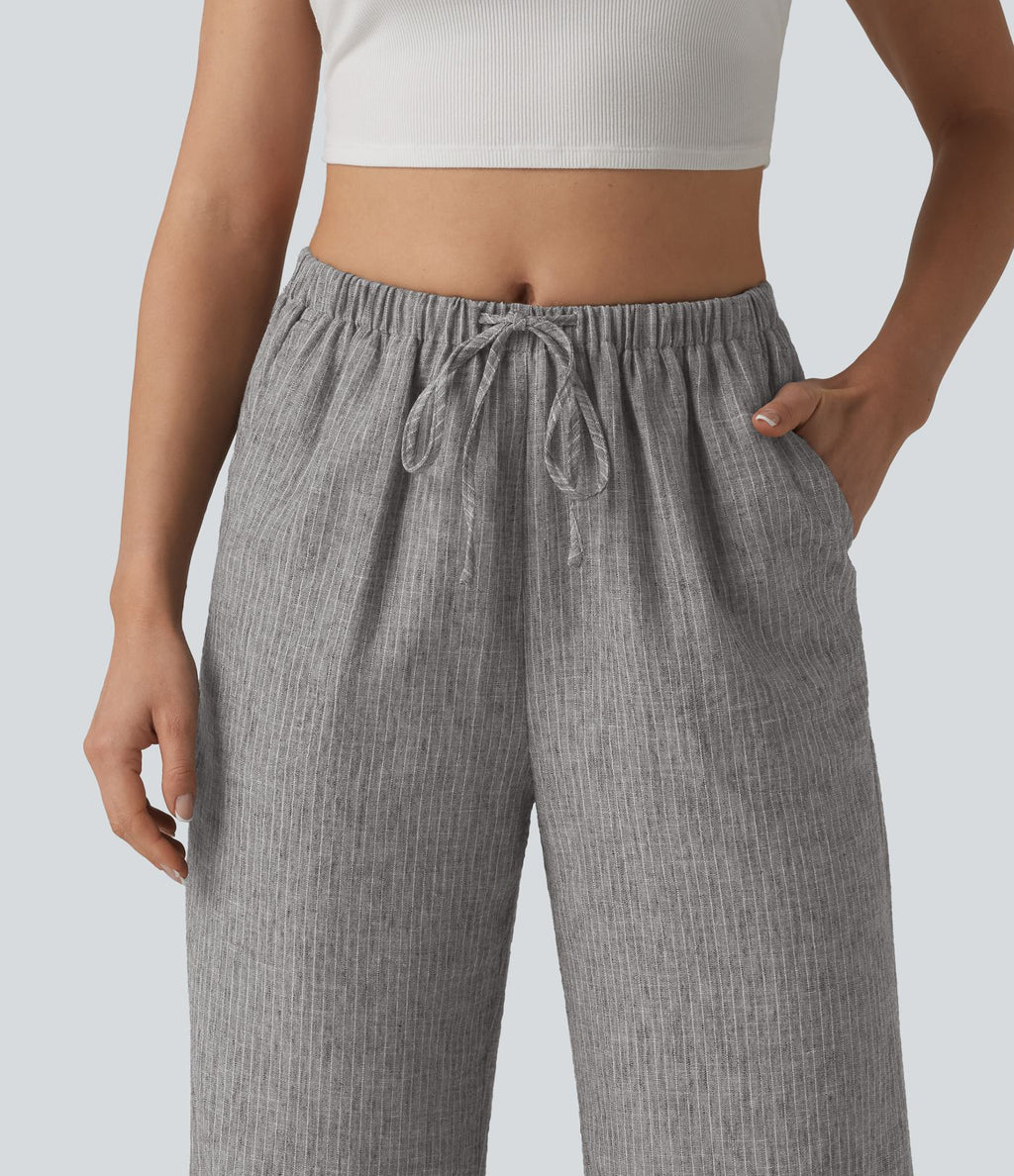 Pantalon décontracté ample rayé taille mi-haute avec cordon de serrage et poches